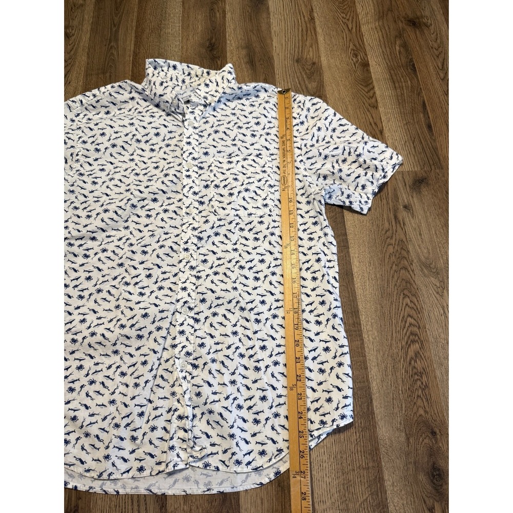Old Navy Button Down Shirt Mens Large White Blue Scuba Shark Sea Life Excellent - Picture 8 of 11